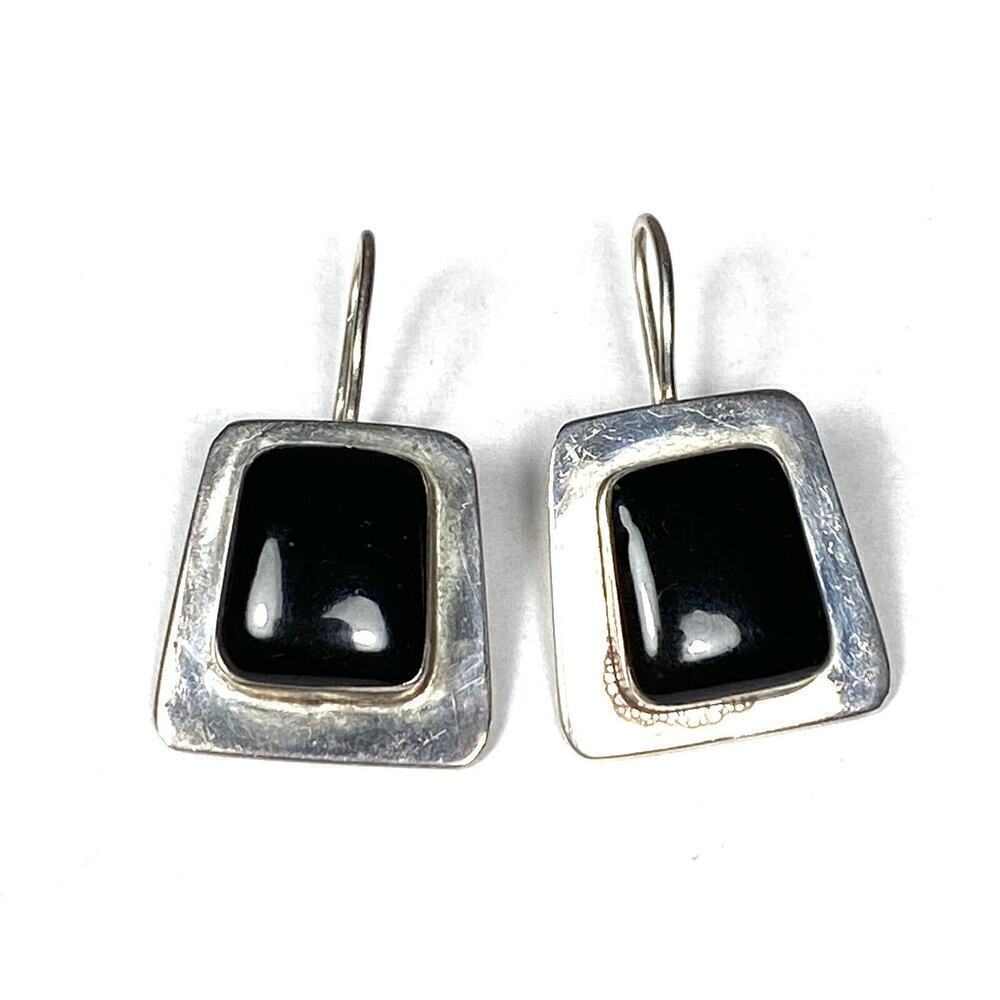 925 ATI Mexico Earrings Sterling Silver Black Onyx Art Deco Vintage 8.15g